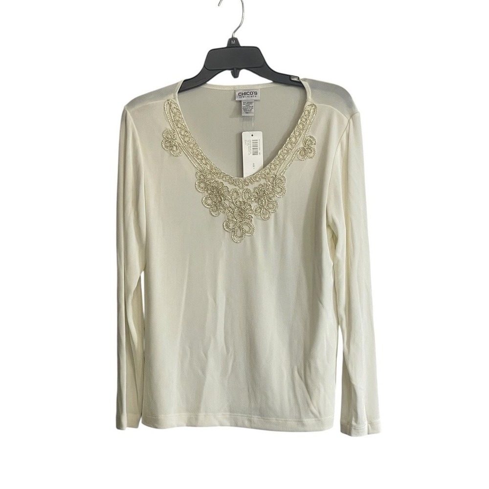 NWT Chicos Top Med Cream Gold Embellished Applique Elevated Basic Timeless